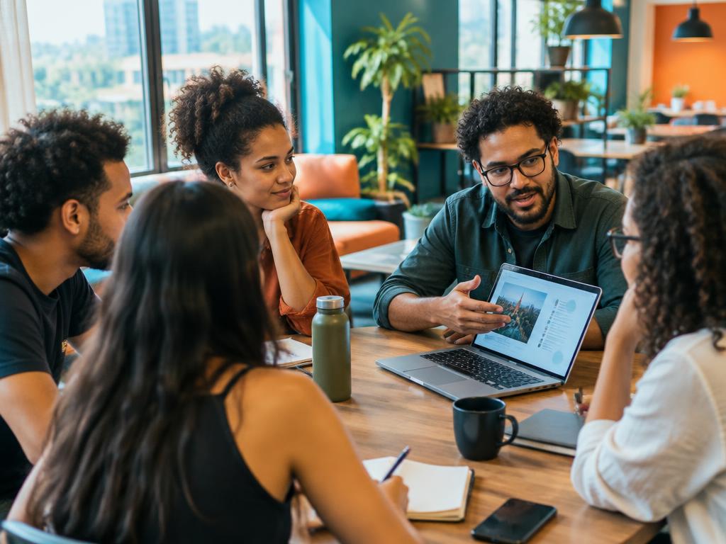 Grupo acompanhando a apresentação de um mentor
